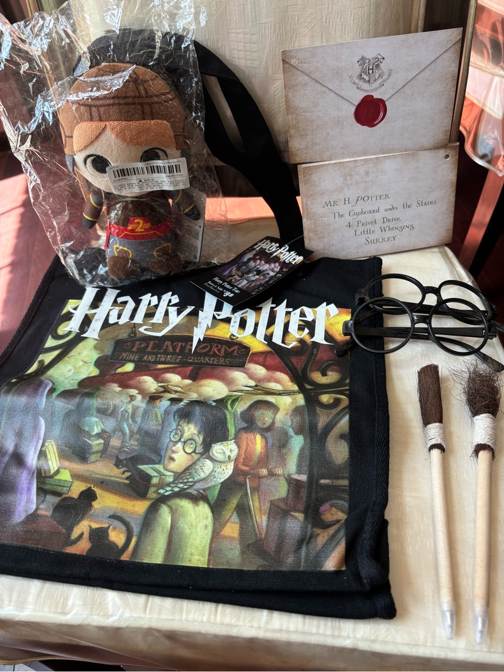 Harry Potter Tote Bag,Plush,Glasses,witch’s Broom pens and stationary bundle
